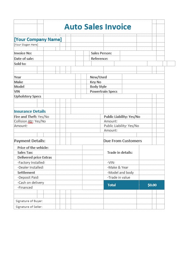 Auto Sales Invoice Template PSD template